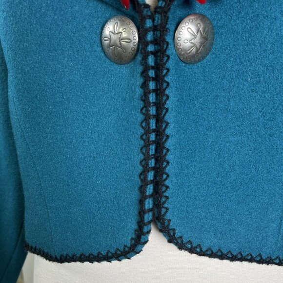 Vintage MWG Western Wool Cropped Jacket Teal Southwestern Concho Button Medium - Picture 4 of 13
